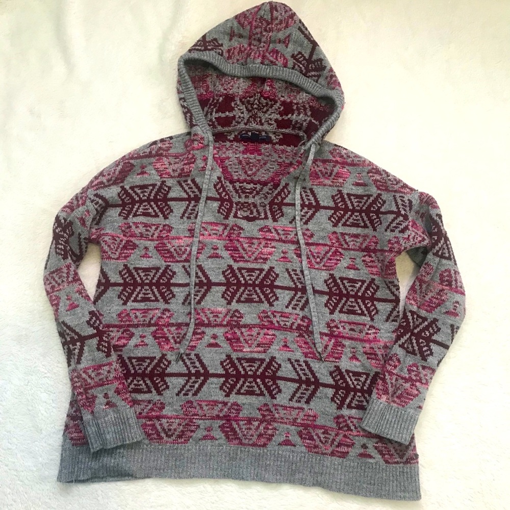 American Eagle Knit Aztec Hooded V-Neck Sweater - Oversized Small